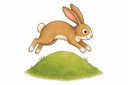 Bouncy the Rabbit, leaping up and over a grassy hump