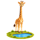 Lenny the Giraffe, standing tall and straight beside a little pond