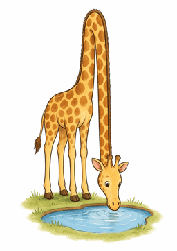 Lenny the Giraffe, stretching his long straight neck down to drink