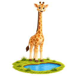 Lenny the Giraffe, standing tall and straight beside a little pond