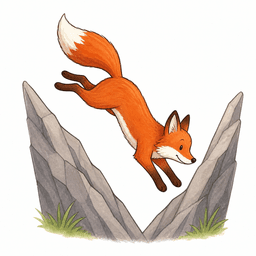 Ziggy the Fox, leaping in a sharp zig-zag between two rocks