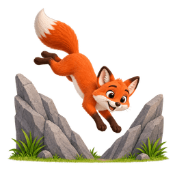 Ziggy the Fox, leaping in a sharp zig-zag between two rocks